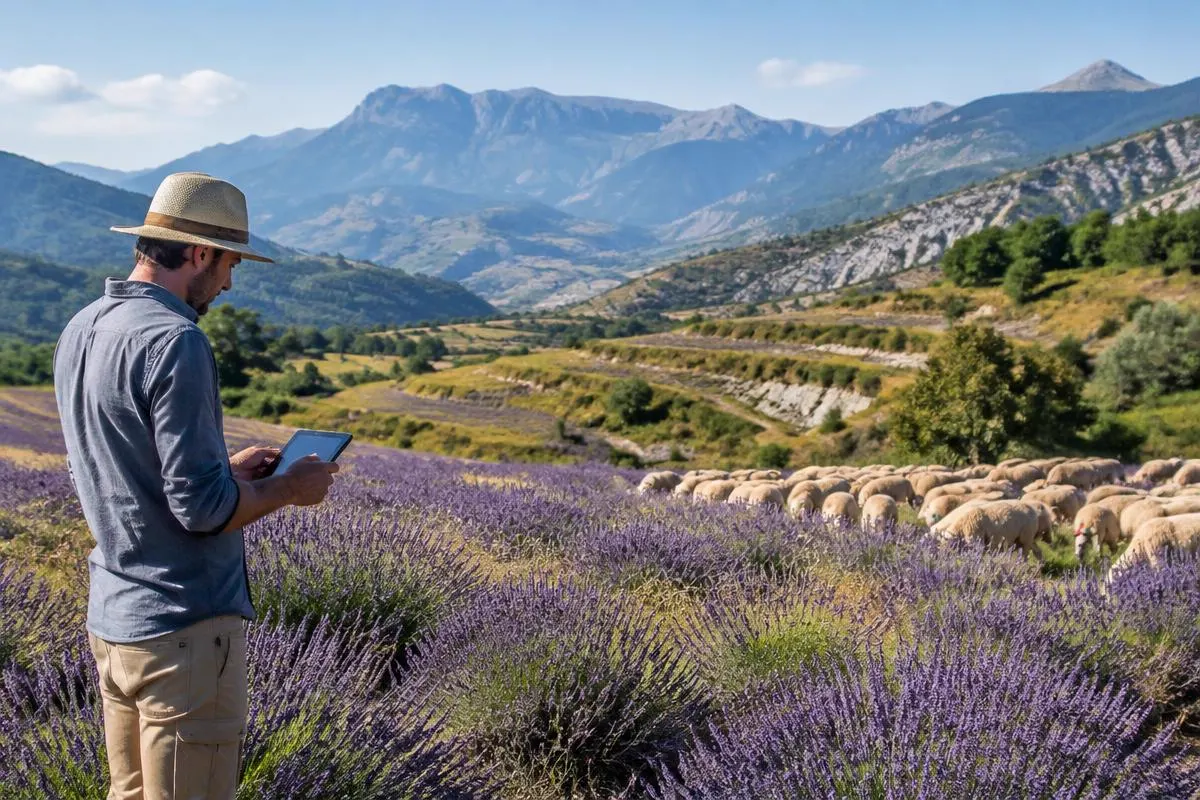 Champs de lavande en terrasses des Alpes-de-Haute-Provence avec un troupeau et les sommets en fond