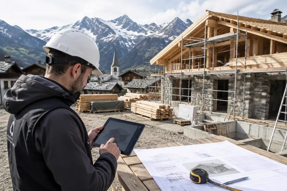 Chantier de construction bois et pierre dans un village alpin, compagnon consultant des plans numériques
