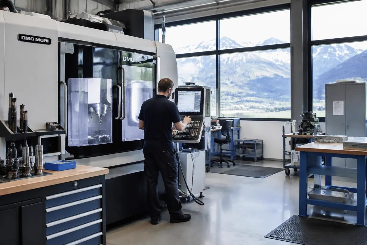 Atelier d'usinage de précision dans une vallée alpine, technicien devant une machine à commande numérique