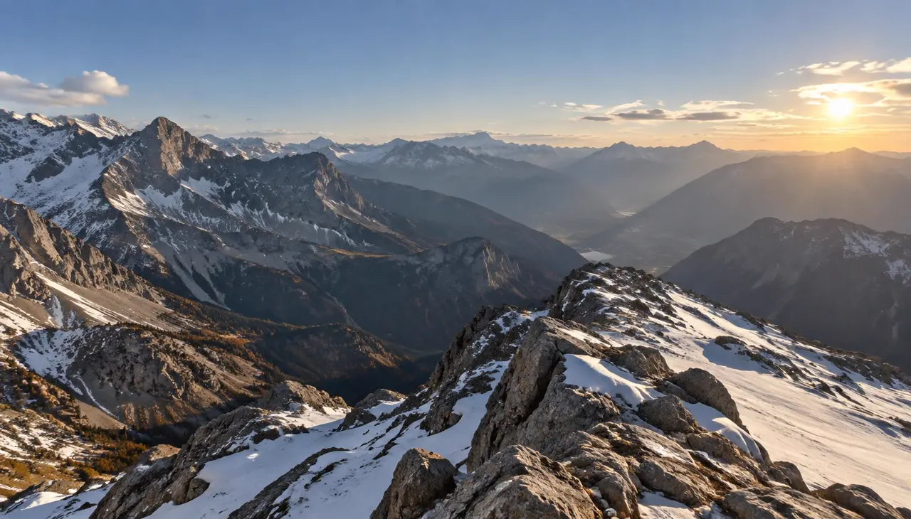 Crête ensoleillée des Alpes du Sud, chaînes de montagnes successives s'effaçant dans la brume